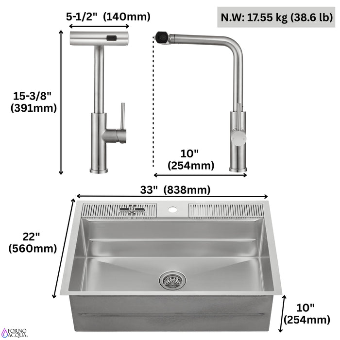 Forno Acqua 33" Drop-In/Undermount 3 Level Workstation Sink, Waterfall Faucet, Glass Rinser in Stainless Steel (D-XP30)