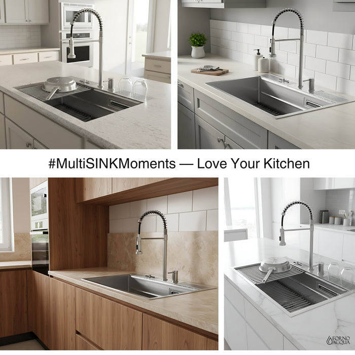 Forno Acqua 33" Drop-In/Undermount 3 Level Workstation Sink, Waterfall Faucet, Glass Rinser in Stainless Steel (E-ZP31)