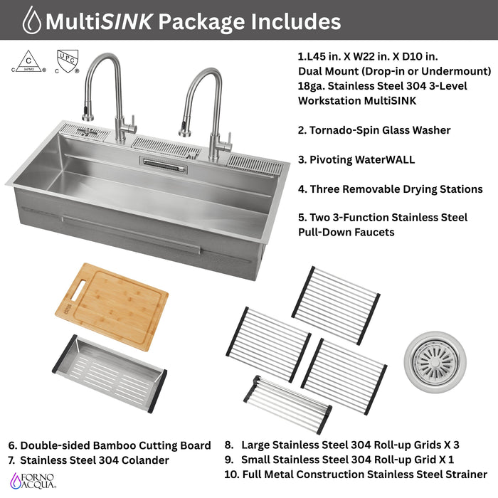 Forno Acqua 48" Drop-In/Undermount 3 Level Workstation Sink, 2 Faucets, Glass Rinser in Stainless Steel (J-WP30)
