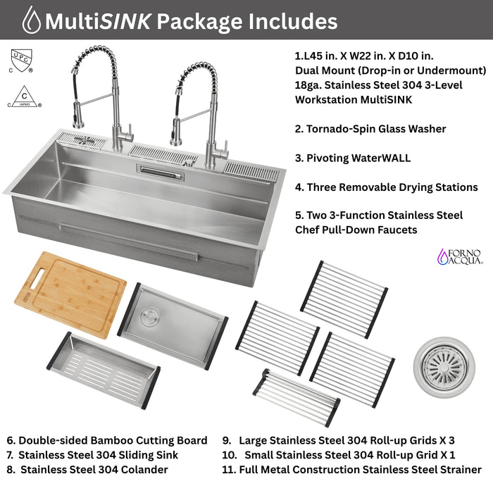 Forno Acqua 45" Drop-In/Undermount 3 Level Workstation Sink, 2 Faucets, Glass Rinser in Stainless Steel (J-WP31)