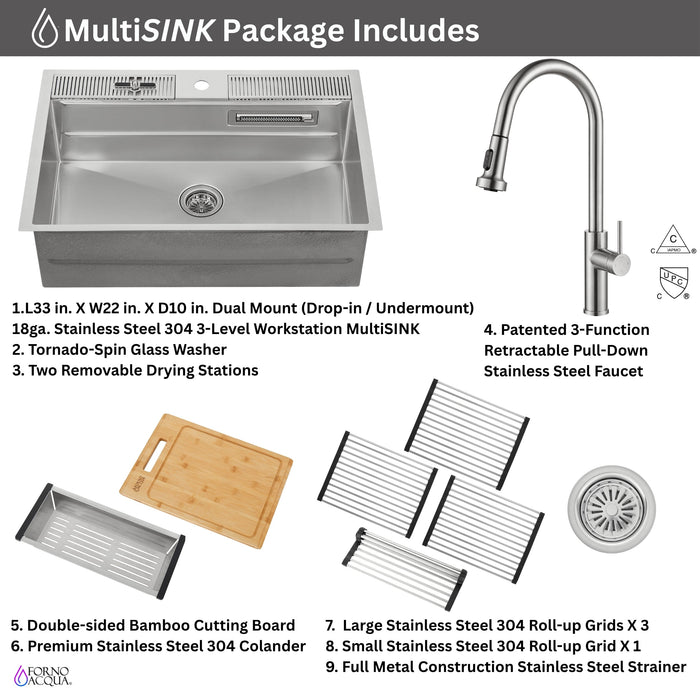 Forno Acqua 33" Drop-In/Undermount 3 Level Workstation Sink, Retractable Faucet, Glass Rinser in Stainless Steel (D-XP30)