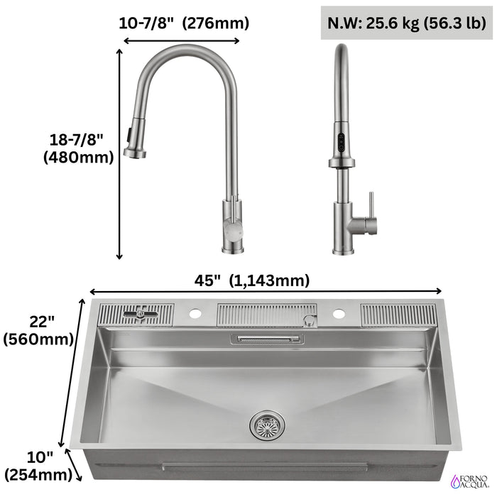 Forno Acqua 48" Drop-In/Undermount 3 Level Workstation Sink, 2 Faucets, Glass Rinser in Stainless Steel (J-WP30)