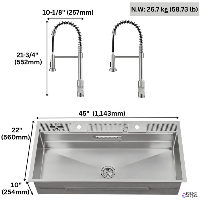 Forno Acqua 45" Drop-In/Undermount 3 Level Workstation Sink, 2 Faucets, Glass Rinser in Stainless Steel (J-WP31)