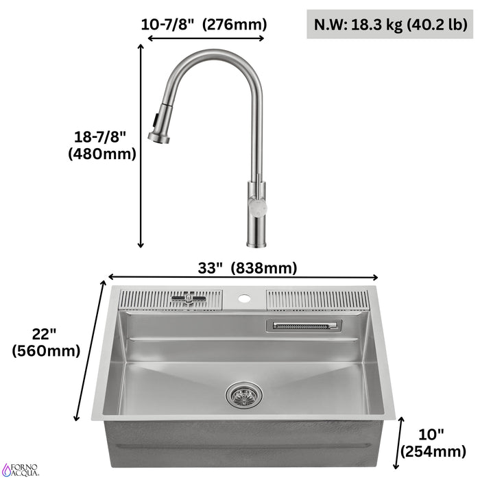 Forno Acqua 33" Drop-In/Undermount 3 Level Workstation Sink, Retractable Faucet, Glass Rinser in Stainless Steel (D-XP30)