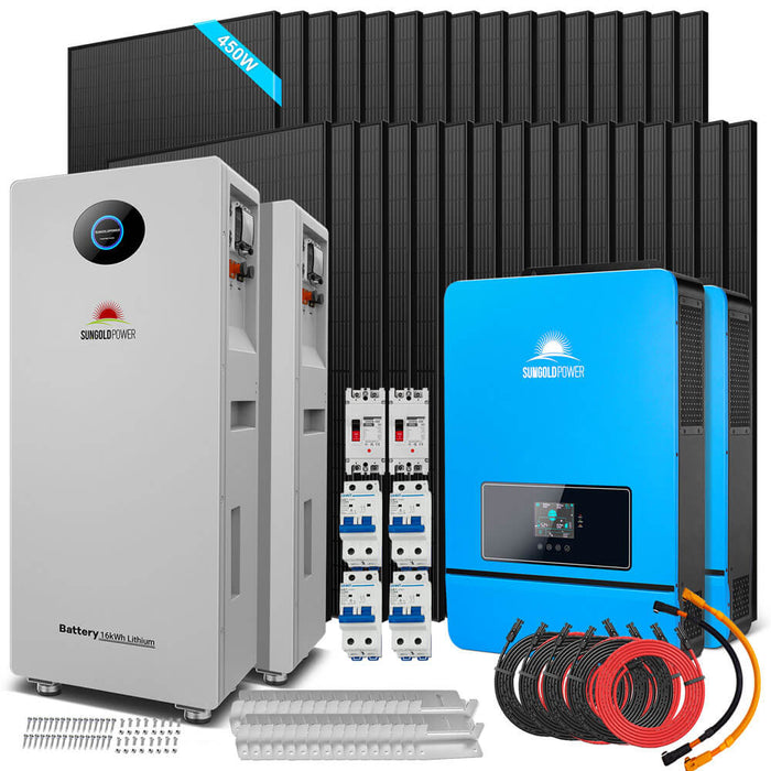 Sungold Power OFF GRID SOLAR KIT 20KW 48VDC 120V/240V LIFEPO4 30.72KWH-32.14KWH LITHIUM BATTERY 32 X 450 WATTS SOLAR PANELS (SGR-20K30E)