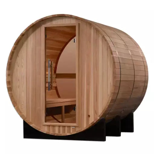 Golden Designs | "Zurich" 4 Person Barrel with Bronze Privacy View - Traditional Steam Sauna - Pacific Cedar