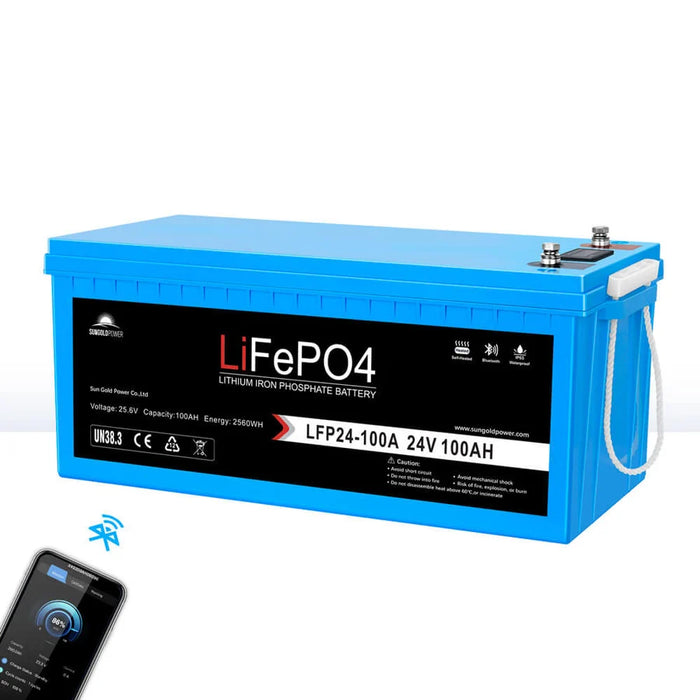 Sungold Power 24v 100ah Lifepo4 Deep Cycle Lithium Battery Bluetooth / Self-Heating / Ip65