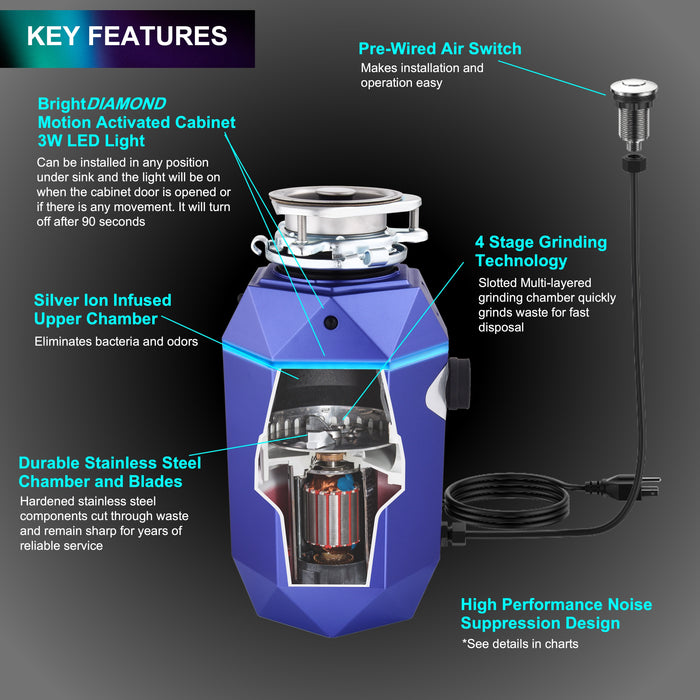 Forno Acqua BrightDiamond Super Quiet Garbage Disposal Corded with Motion Sensor Cabinet Light & Pre-Wired Air Switch - 3/4 HP or 1HP (WDD075TA)