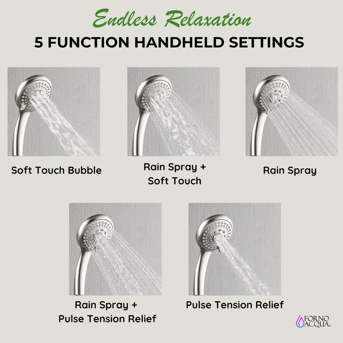 Forno AcquaFALL Traditional Arm Shower System with 8" 6 Function Rainfall Shower Head, 5-in-1 Handheld Shower and 3 Function Body Jet in Brushed Nickel