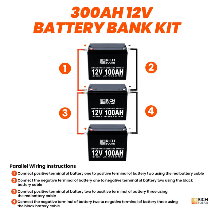 RICH SOLAR 300Ah 12V LiFePO4 Off-Grid Battery Kit | 3.8kWh Deep Cycle Lithium Battery Bank