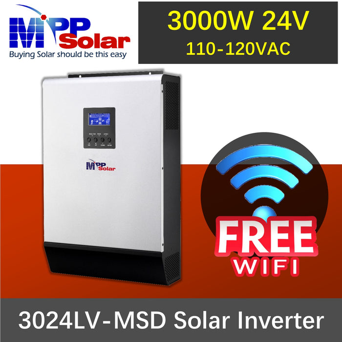 MPP Solar 3024LV-MSD + WIFI (3KW 24V) - 120vac 3000W 24V Off-Grid Solar Inverter + MPPT Solar Charger 80A, (PV input 250Vdc) + Battery Charger 80A