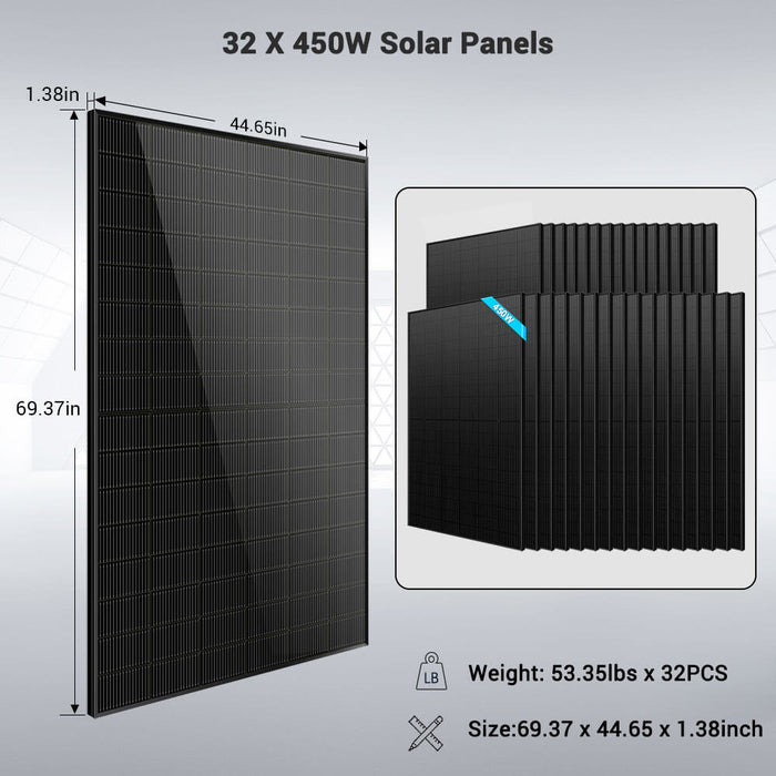 Sungold Power OFF GRID SOLAR KIT 16KW 48VDC 120V/240V LIFEPO4 25.6KWH LITHIUM BATTERY 32 X 450 WATTS SOLAR PANELS (SGR-16K25E)