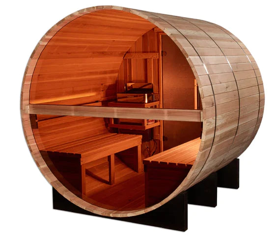 Golden Designs | "Zurich" 4 Person Barrel with Bronze Privacy View - Traditional Steam Sauna - Pacific Cedar