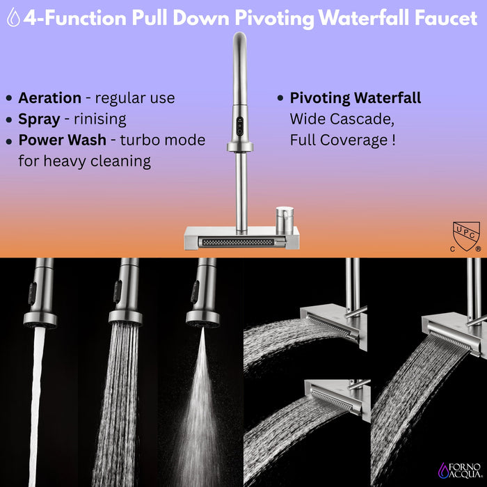 Forno Acqua 33" Drop-In/Undermount 40/60 Double Bowl Sink, Retractable and Waterfall Faucet in Stainless Steel (H-XN30)
