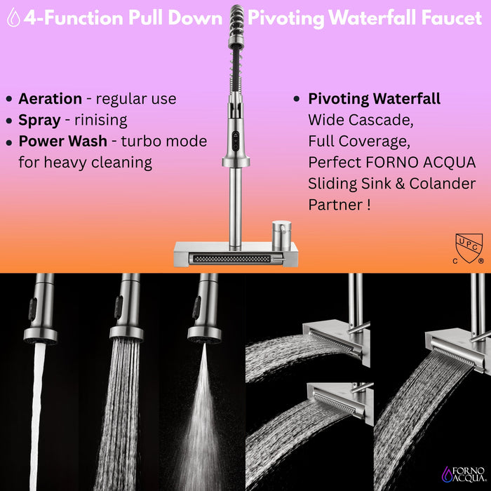 Forno Acqua 33" Drop-In/Undermount 3 Level Workstation Sink, Waterfall Faucet, Glass Rinser in Stainless Steel (E-XP31)