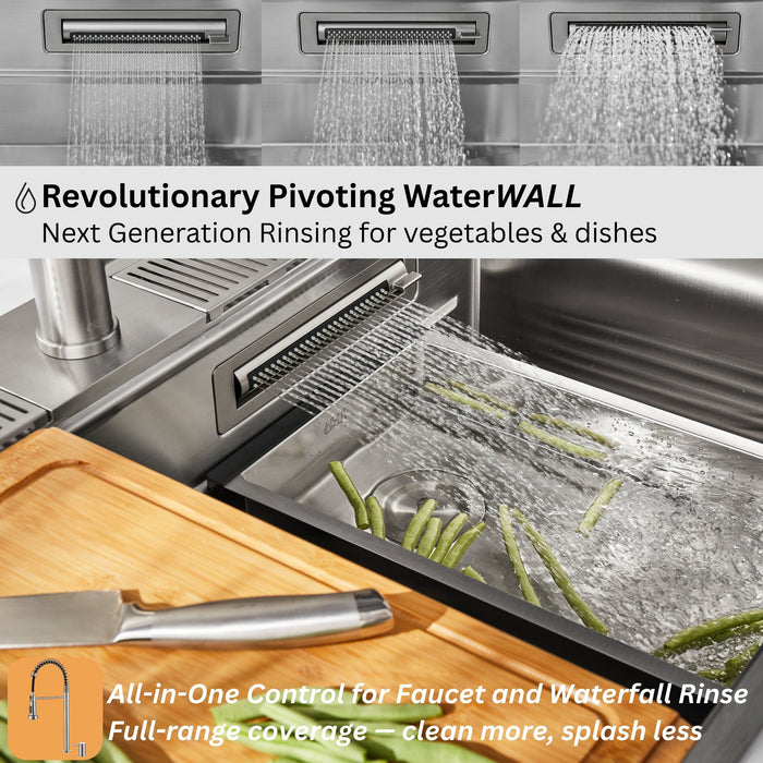 Forno Acqua 33" Drop-In/Undermount 3 Level Workstation Sink, Waterfall Faucet, Glass Rinser in Stainless Steel (E-ZP31)