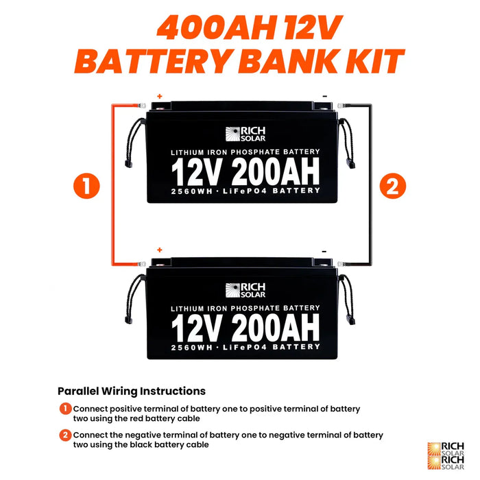 RICH SOLAR 400Ah 12V LiFePO4 Off-Grid Battery Kit | 5.12kWh Deep Cycle Lithium Battery Bank