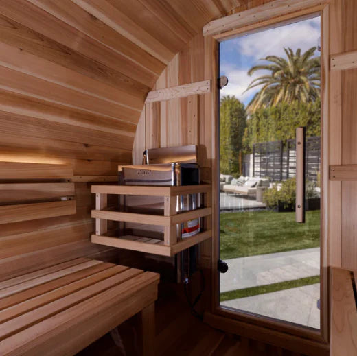 Golden Designs | "Zurich" 4 Person Barrel with Bronze Privacy View - Traditional Steam Sauna - Pacific Cedar