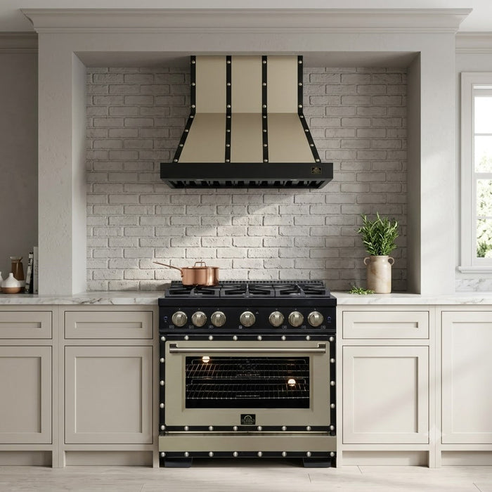 Forno Ambassador Valente 36" 427 CFM Wall Mount Range Hood with 3 Speeds, LED Light in Fingerprint Resistant Black, Antique Brass and Copper Rivet Trim (FRHWM5099-36CPBLK)