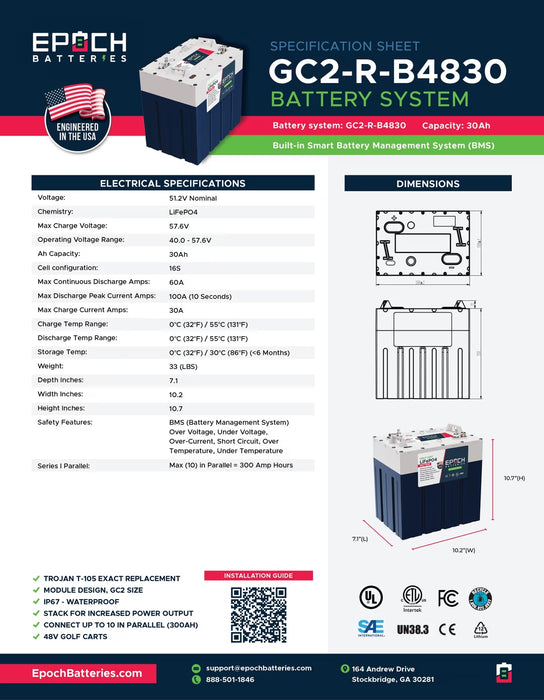 Epoch Batteries 48V 30Ah GC2 - Golf Cart LiFePO4 Lithium Battery