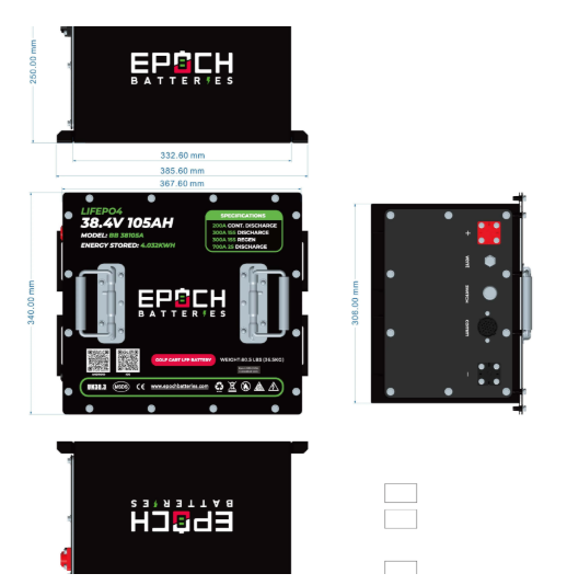 Epoch Batteries 36V 105Ah Lithium (LiFePO4) Golf Cart Battery - Complete Kit