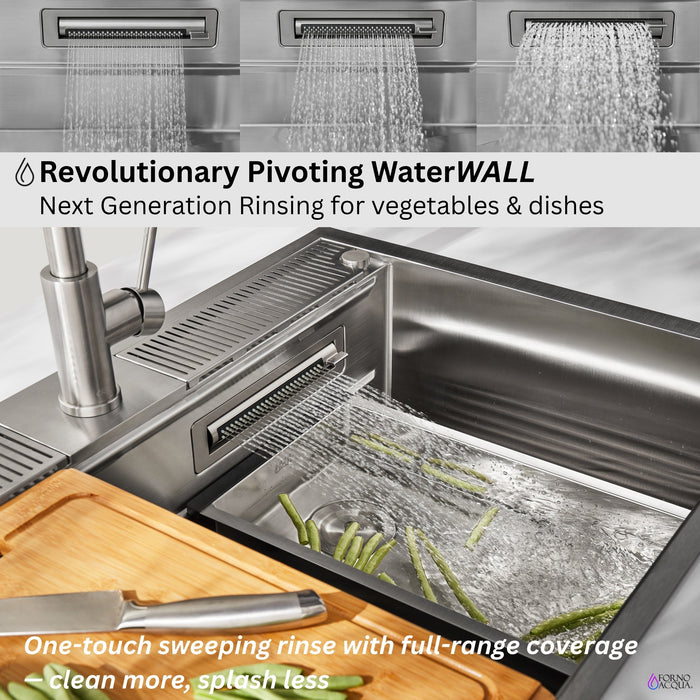 Forno Acqua 33" Drop-In/Undermount 3 Level Workstation Sink, Waterfall Faucet, Glass Rinser in Stainless Steel (D-WP30)