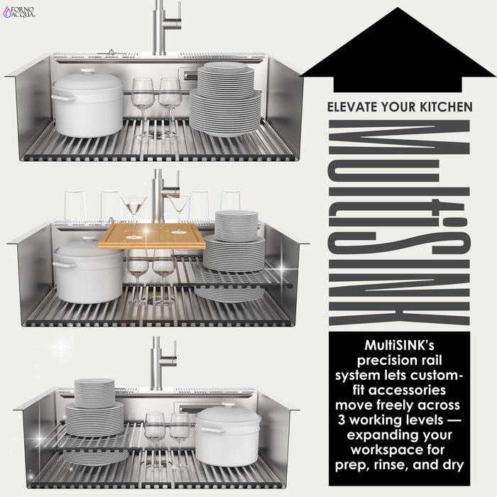 Forno Acqua 33" Drop-In/Undermount 3 Level Workstation Sink, Waterfall Faucet, Glass Rinser in Stainless Steel (E-ZP31)