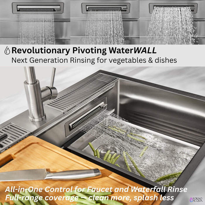 Forno Acqua 33" Drop-In/Undermount 3 Level Workstation Sink, Retractable Faucet, Glass Rinser in Stainless Steel (D-XP30)