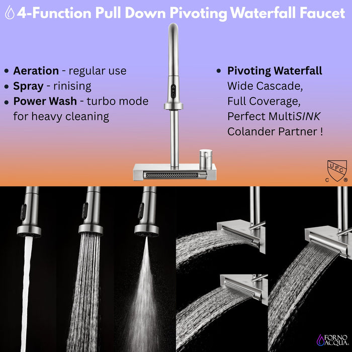 Forno Acqua 33" Drop-In/Undermount 3 Level Workstation Sink, Waterfall Faucet, Glass Rinser in Stainless Steel (E-XP30)