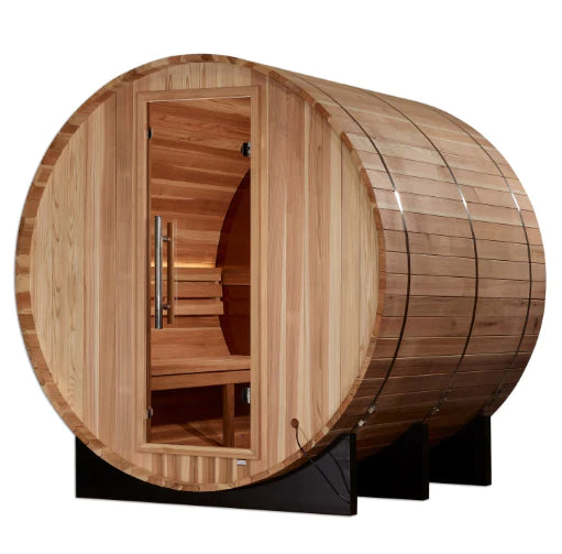 Golden Designs | "Zurich" 4 Person Barrel with Bronze Privacy View - Traditional Steam Sauna - Pacific Cedar