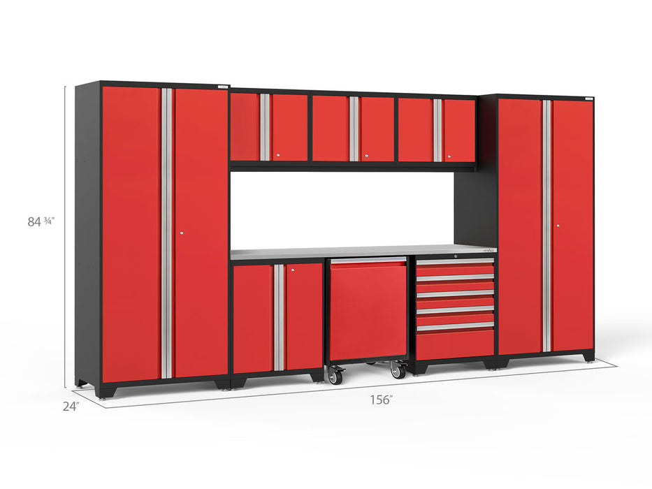 NewAge Pro Series 9 Piece Cabinet Set with Wall, Base, Tool Drawer Cabinet, Lockers, Utility Cart and 84 in. Worktop