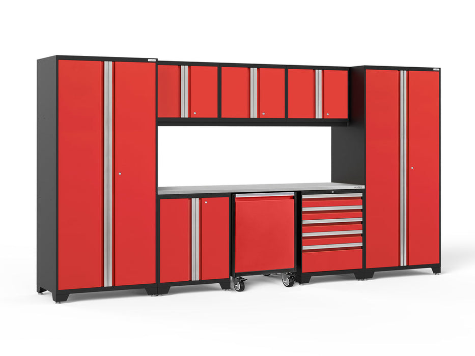 NewAge Pro Series 9 Piece Cabinet Set with Wall, Base, Tool Drawer Cabinet, Lockers, Utility Cart and 84 in. Worktop