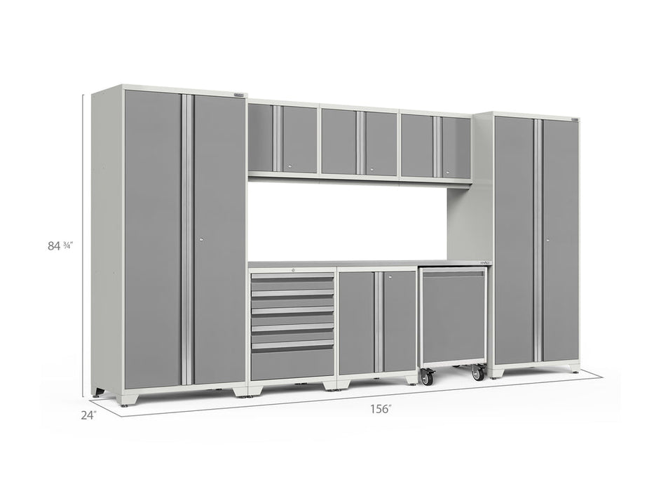 NewAge Pro Series 9 Piece Cabinet Set with Wall, Base, Tool Drawer Cabinet, Lockers, Utility Cart and 84 in. Worktop