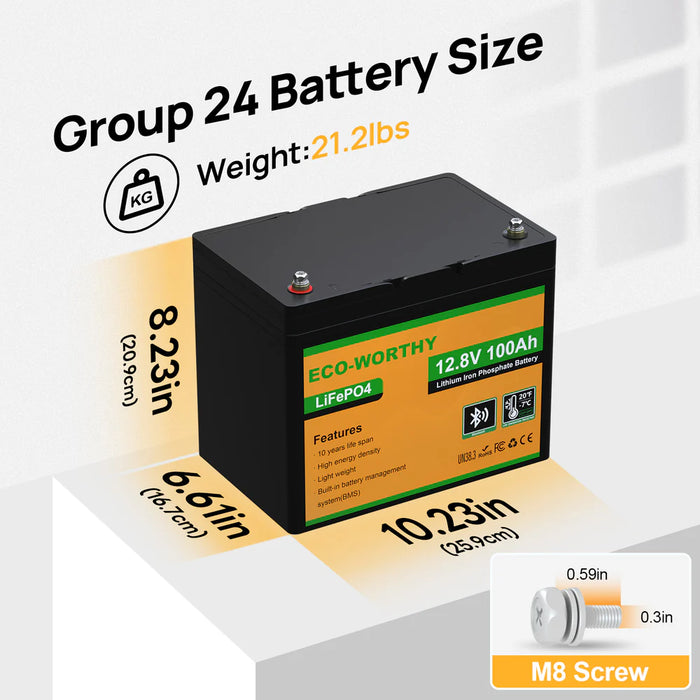 Eco-Worthy 12V 100Ah LiFePO4 Battery with Low-temperature Protection and Bluetooth Option