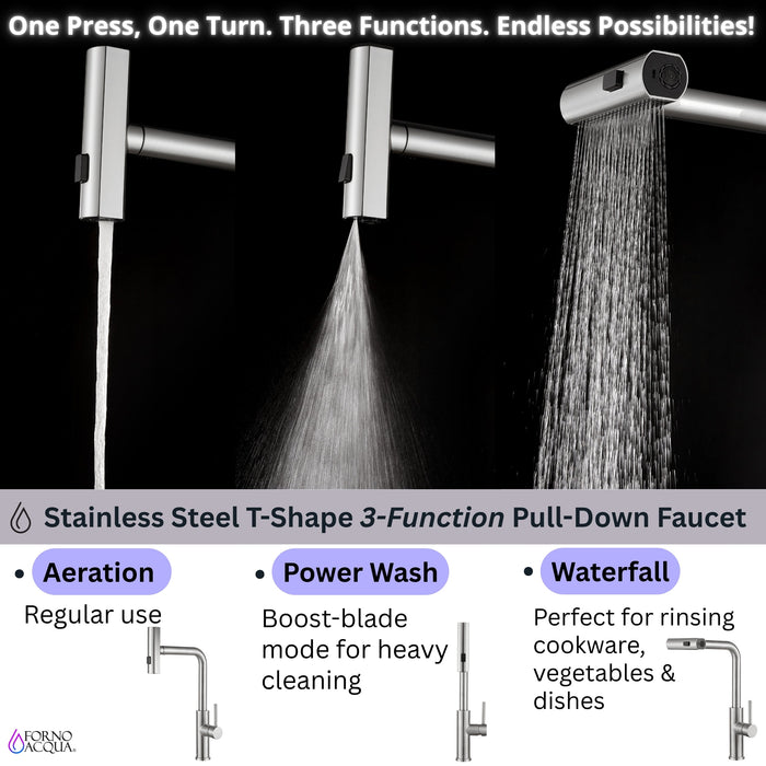 Forno Acqua 33" Drop-In/Undermount 3 Level Workstation Sink, Waterfall Faucet, Glass Rinser in Stainless Steel (D-XP30)