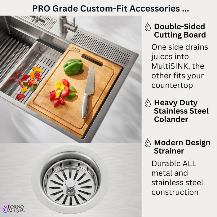 Forno Acqua 33" Drop-In/Undermount 3 Level Workstation Sink, Waterfall Faucet, Glass Rinser in Stainless Steel (D-XP30)