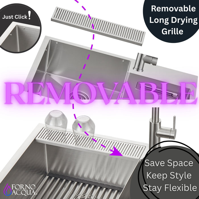 Forno Acqua 33" Drop-In/Undermount 40/60 Double Bowl Sink, Retractable and Waterfall Faucet in Stainless Steel (H-ZN30)