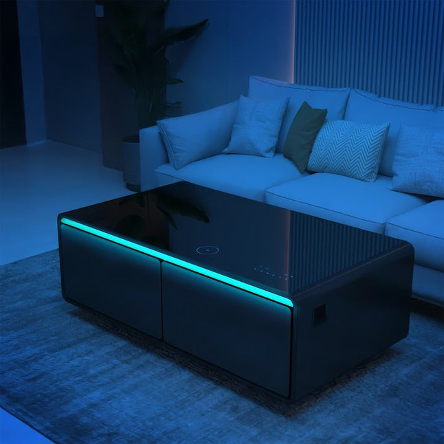 Forno Evoluto 51" Smart Coffee Table – Dual Fridge Drawers, Bluetooth 5.0 Audio, Wireless Charging & RGB Ambient Light - Black, White, Wood (FCTFR7006-51BLK)