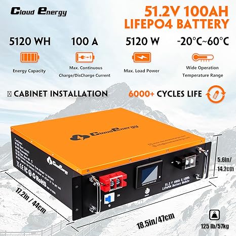 CloudEnergy 48V 100Ah LiFePO4 Lithium Battery, Wall & Rack 2 in 1 Mounted (CL48V-100Ah-Wall+Rack)