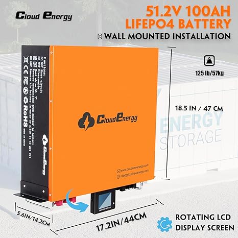 CloudEnergy 48V 100Ah LiFePO4 Lithium Battery, Wall & Rack 2 in 1 Mounted (CL48V-100Ah-Wall+Rack)