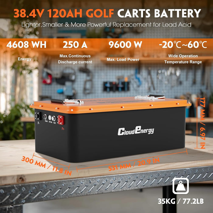 CloudEnergy 36V 120Ah LiFePO4 Golf Cart Battery - 250A Bluetooth BMS, with 20A Charger