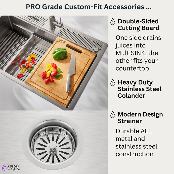 Forno Acqua 33" Drop-In/Undermount 3 Level Workstation Sink, Waterfall Faucet, Glass Rinser in Stainless Steel (D-WP30)