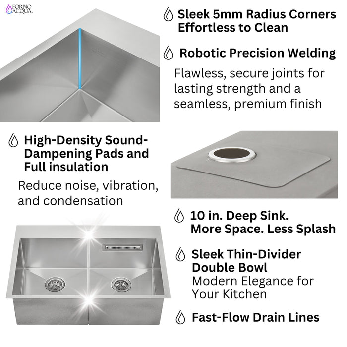 Forno Acqua 33" Drop-In/Undermount 50/50 Double Bowl Sink, Waterfall Faucet in Stainless Steel (G-ZN30)