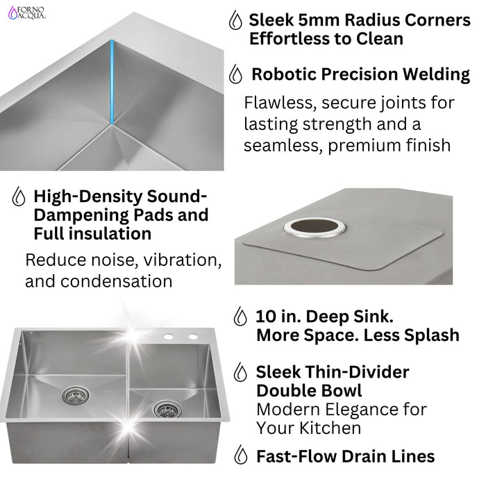 Forno Acqua 33" Drop-In/Undermount 40/60 Double Bowl Sink, Retractable and Waterfall Faucet in Stainless Steel (H-XN30)