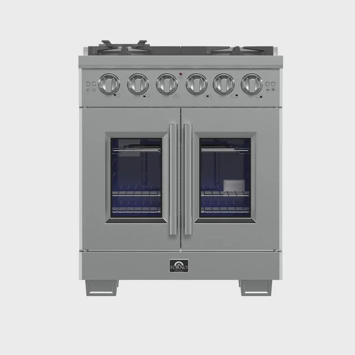 Forno Capriasca 30" 4.32 cu. ft. French Door Gas Range with 5 Brass Burners, Air Fryer Kit, Rotisserie Kit, Wok Support & Griddle in Stainless Steel, White or Black (FFSGS6460-30)
