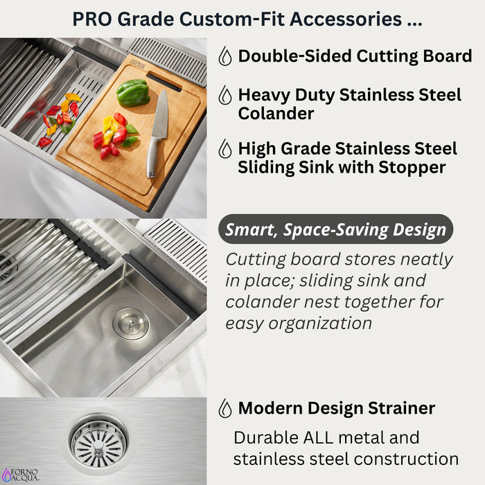 Forno Acqua 33" Drop-In/Undermount 3 Level Workstation Sink, Waterfall Faucet, Glass Rinser in Stainless Steel (E-ZP31)