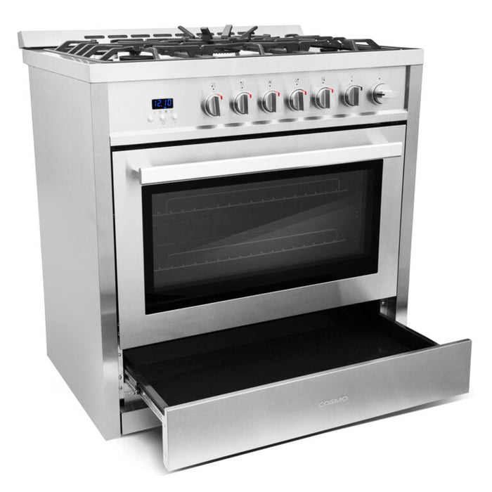 Cosmo 36" 3.8 cu. ft. Single Oven Gas Range with 5 Burner Cooktop and Heavy Duty Cast Iron Grates in Stainless Steel (COS-965AGC)