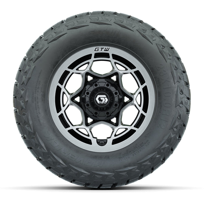 GTW 12' Nexus Wheels Black/Machined and Maverick 23x10.00-R12 All Terrain Tires Combo Set of 4