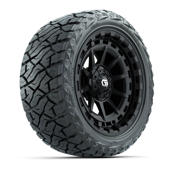 GTW 15' Barricade Wheels Gloss Black and Maverick 23x10.00-R15 All Terrain Tires Combo Set of 4