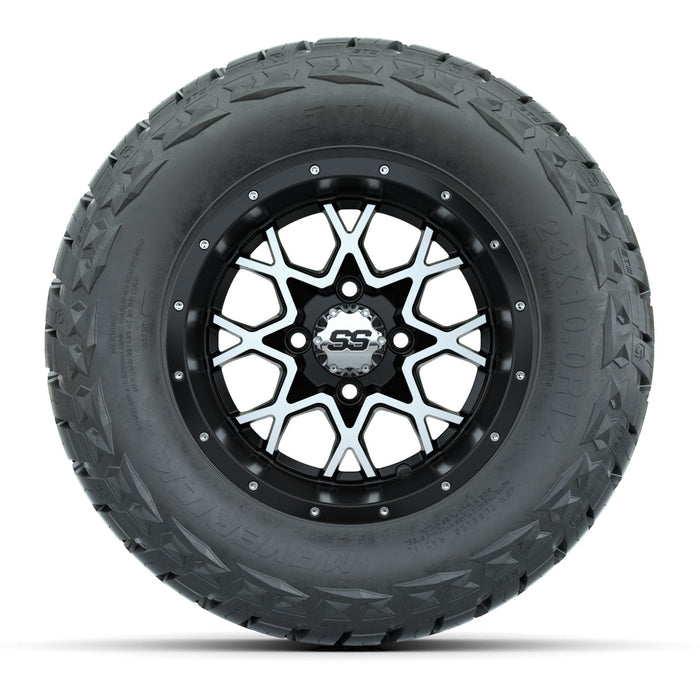 GTW 12' Vortex Wheels Matte Machined Black and Maverick Low Profile & All Terrain Tires Combo Set of 4